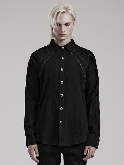 Black Gothic Webbing Trim Long Sleeve Shirt for Men