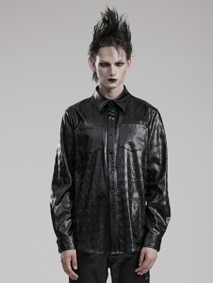 Black Gothic Punk Skull Embossed PU Leather Daily Wear Shirt for Men