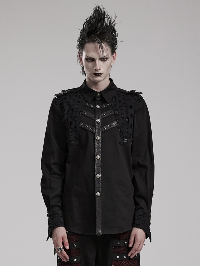 Black Gothic Punk Metal Buckle Decadent Long Sleeve Shirt for Men