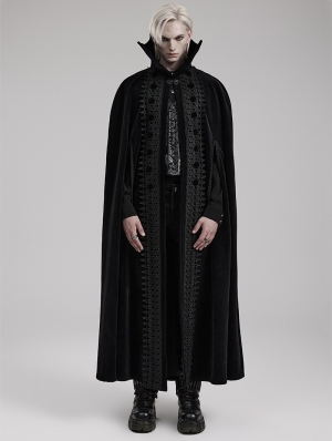 Black Gothic Velvet Noble 3D Bat Collar Long Cloak for Men