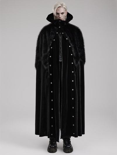 Black Retro Gothic Ornate Velvet Plush Splicing Long Cloak for Men