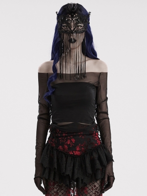 Black Gothic Fringed Lace Coffin Mask with Sequin Tassels
