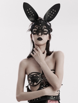 Black Gothic Faux Leather Lace Bunny Mask