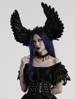 Black Gothic Faux Feather Symmetrical Devil Wing Headwear