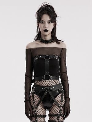 Black Gothic Punk Metal Buckle Strap Crop Corset Top for Women