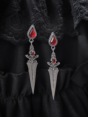 Silver Retro Gothic Red Crystal Sword Shaped Stud Earrings