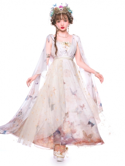 Vytina White Long Butterfly Print Gothic Lolita JSK Dress Full Set
