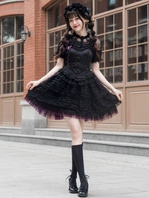 Midnight Ballet Black and Purple Rose Lace Gothic Lolita JSK Dress