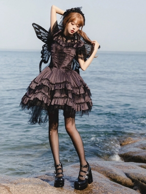 Silent Melody Dark Purple Halter Off-the-Shoulder Gothic Lolita JSK Dress