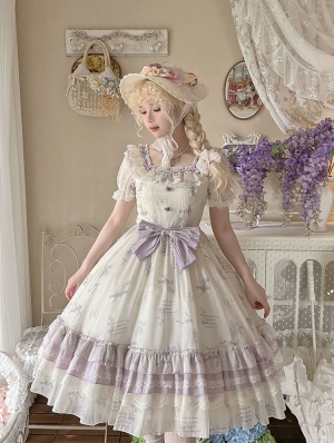 White and Purple Bellflower Print Short Sleeves Classic Lolita OP Dress