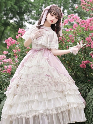 Bluebell Print Beige Edward Collar Ruffle Classic Lolita OP Dress Full Set