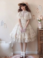 Bluebell Print Beige Edward Collar Ruffle Classic Lolita OP Dress Full Set