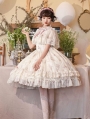 Bluebell Print Beige Edward Collar Ruffle Classic Lolita OP Dress Full Set