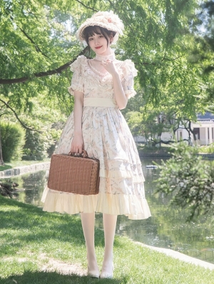 Summer Solstice Floral Print White Lace Ruffled Classic Lolita OP Dress