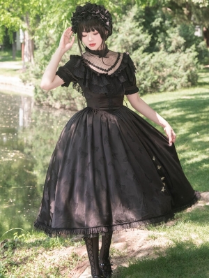 Summer Solstice Butterfly Pattern Black Lace Ruffled Classic Lolita OP Dress