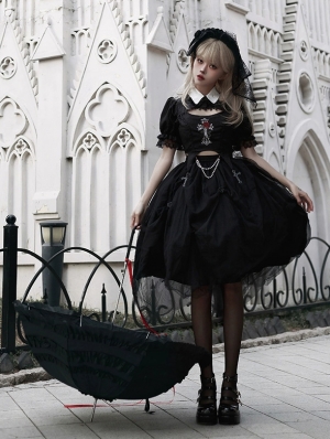 Black Gothic Rose Cross Embroidery Hollow Out Irregular Lolita Dress Suit