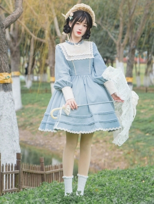 Graceful Butterfly Blue Gigot Sleeves Embroideried Classic Lolita OP Dress