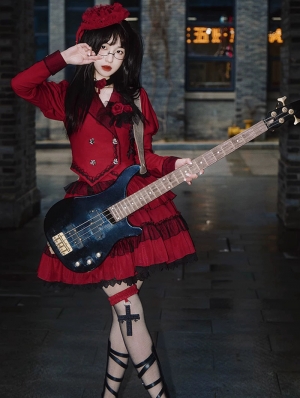 Roses Red and Black Gothic Punk Metal Buttons Two-Piece Lolita Dress Set