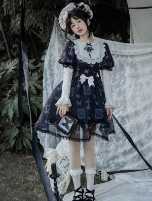 Nocturnal Butterfly Black and White Embroidery Gothic Doll Lolita OP Dress