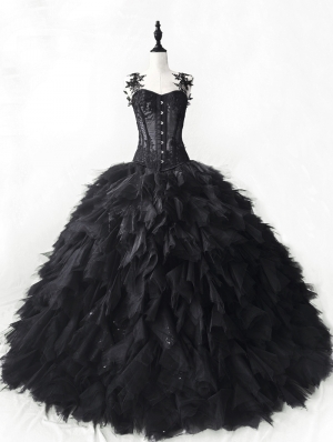 Black Romantic Gothic Lace Tulle Wedding Prom Ball Gown Dress