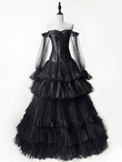 Black off-the-Shoulder Long Sleeve Tulle Gothic Corset Prom Party Dress