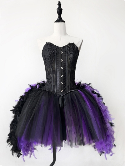 Black and Purple Gothic Feather Burlesque Corset Short Prom Party Dress