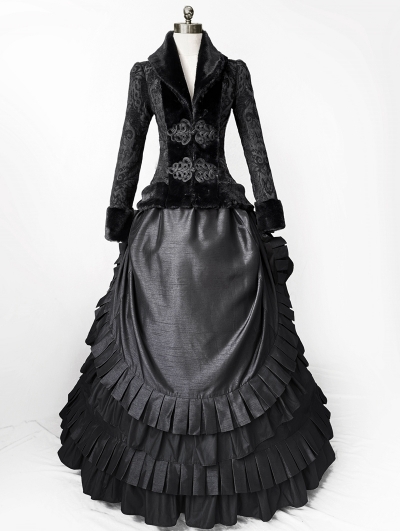 Black Winter Vintage Gothic Victorian Edwardian 2-Pieces Dress Suit 