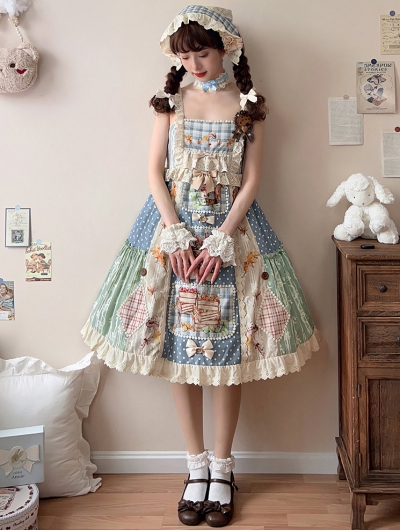 Squirrels Print Patchwork Elegant Retro Pastoral Sweet Lolita JSK Dress