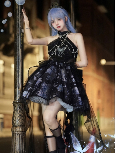 Dark Jellyfish Printed Elegant Classic Lolita Halter JSK Dress Full Set