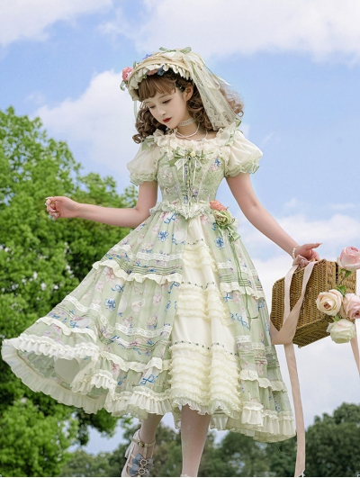 Betty's Afternoon Tea Green Floral Print Classic Lolita Dress Set