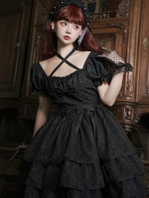 Thorn Roses Black Tiered Ruffle Short Sleeve Gothic Lolita OP Dress