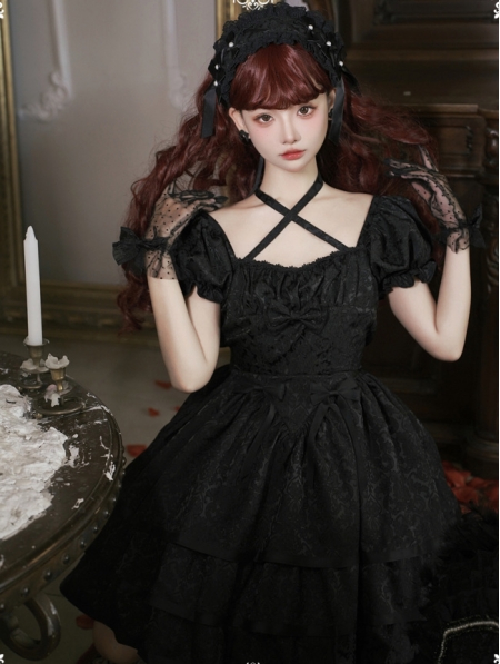 Thorn Roses Black Tiered Ruffle Short Sleeve Gothic Lolita OP Dress ...