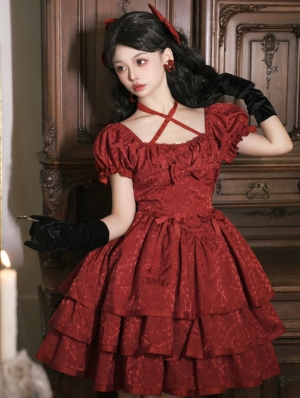 Thorn Roses Red Tiered Ruffle Short Sleeve Gothic Lolita OP Dress