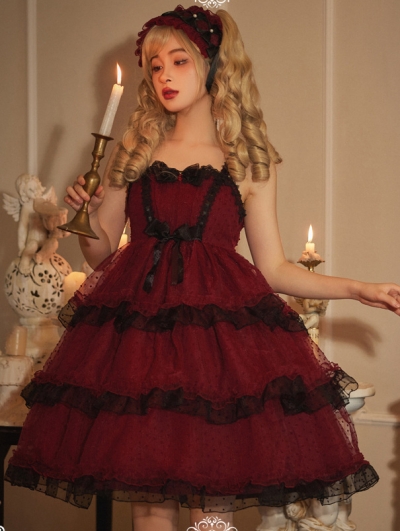 Starry Love Wine Red/Black Tiered Ruffle High Waist Sweet Lolita JSK Dress