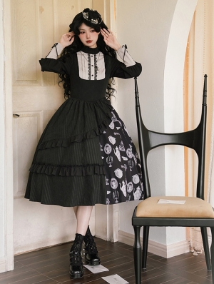 Candlestick and Teapot Print Black and Gray Asymmetric Gothic Lolita Dress Set