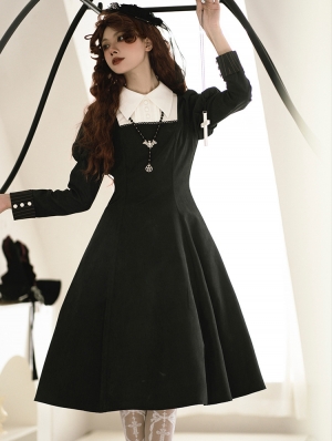 Black and White Nun Style Long Sleeve Retro Gothic Lolita OP Dress