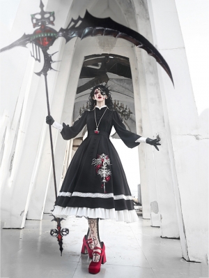 Black and White Skeleton Embroidery Ruffled Gothic Nun Lolita OP Dress
