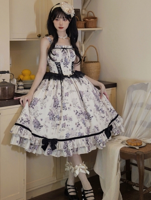 Wilting Rose Print Beige and Black Elegant Classic Lolita JSK Dress