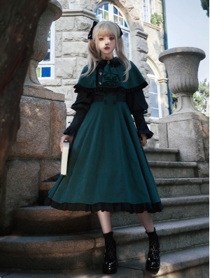 Dark Academia Slytherin Green and Black  Gigot Sleeves Classic Lolita OP Dress