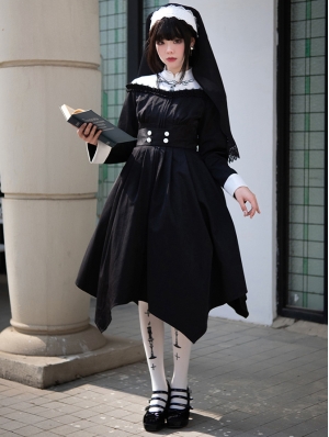 Black and White Embroidery Long Sleeve Irregular Gothic Nun Lolita OP Dress