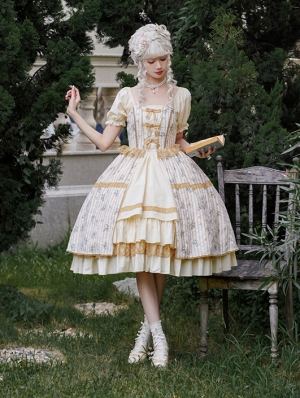 Yellow Daisy Print Vintage Fake Two-Piece Classic Lolita OP Dress