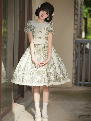 Secret Garden Summer Green Forest Print Doll Collar Classic Lolita OP Dress
