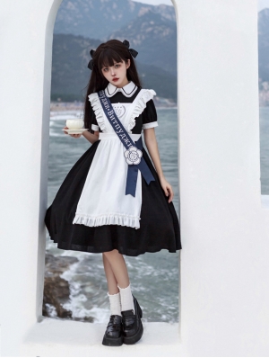 Natasha Black and White Classic Lolita Maid OP Dress with Detachable Apron