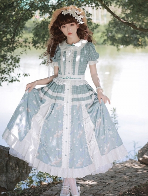 Blue Plaid Cotton Floral Print Bow Embroidery Classic Lolita OP Dress