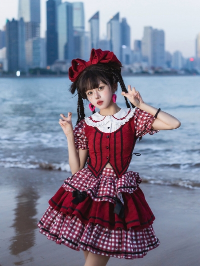 Dorothy's Adventures Red Plaid Pattern Tiered Sweet Lolita Dress Set