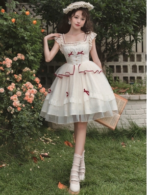 Beige and Red Bowknot Flutter Sleeves Jaquard Classic Lolita OP Dress