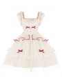 Beige and Red Bowknot Flutter Sleeves Jaquard Classic Lolita OP Dress