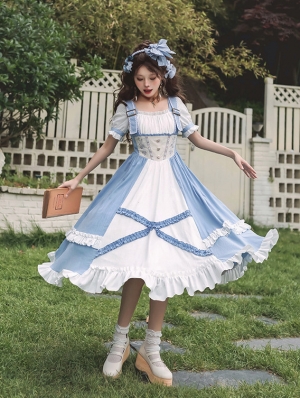 Blue and White Bavarian Style Rose Embroidery Classic Lolita OP Dress