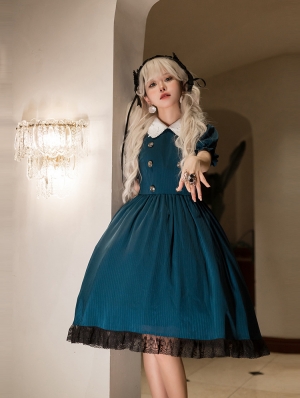 Peacock Blue and White Rose Applique  Puff Sleeves Gothic Lolita OP Dress