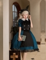 Peacock Blue and White Rose Applique  Puff Sleeves Gothic Lolita OP Dress
